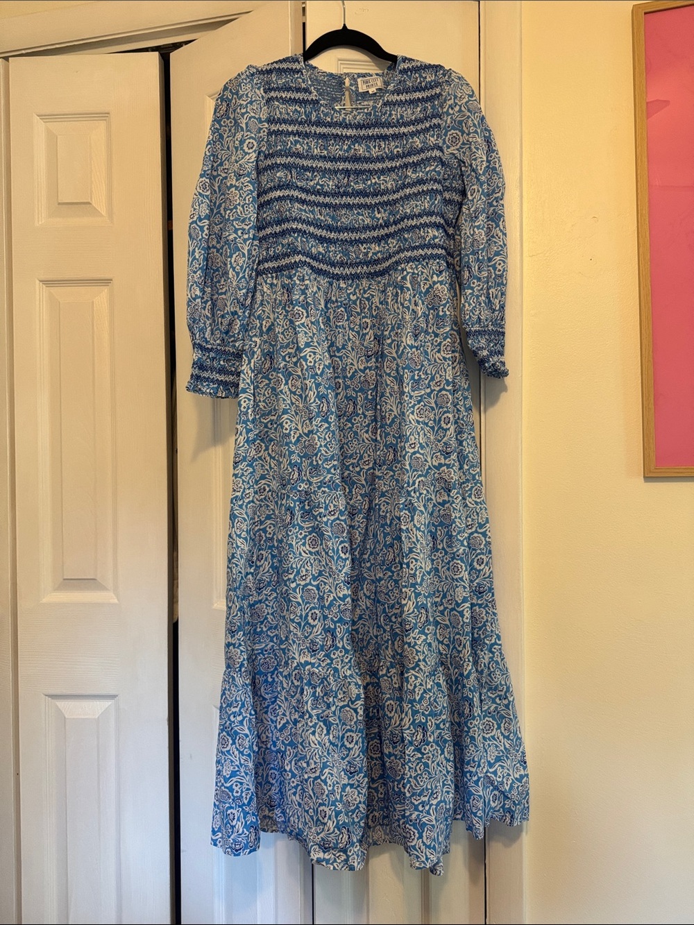 Blue Floral Smocked Maxi Dress with Long Sleeves